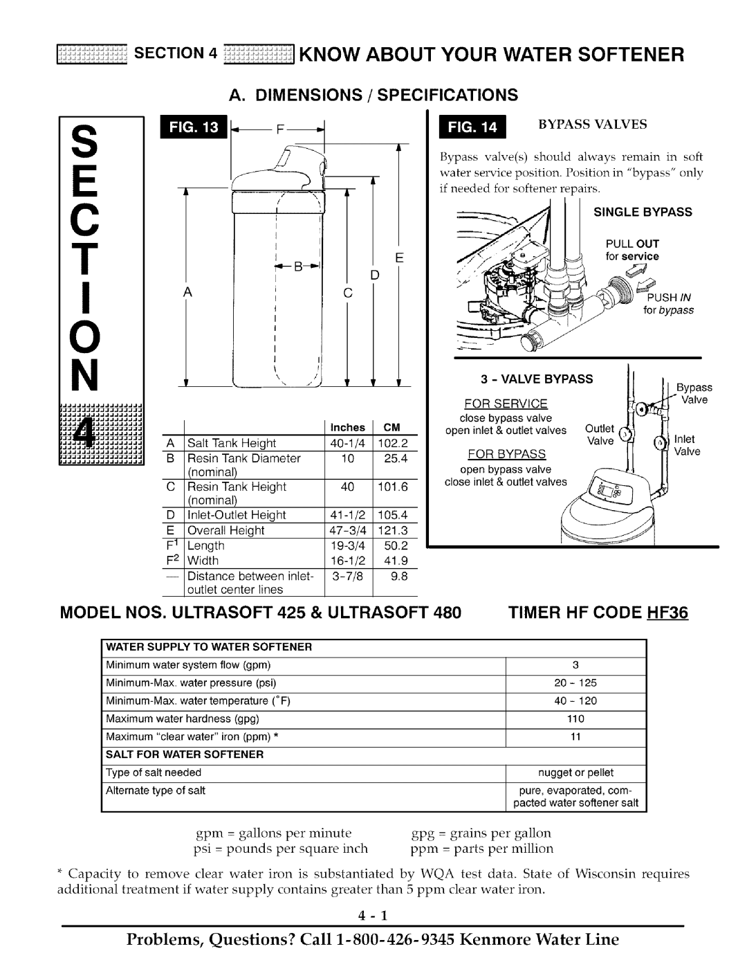 Kenmore Dimensions / Specifications, Model NOS. Ultrasoft 425 & Ultrasoft, Timer HF Code HF36, Single Bypass 