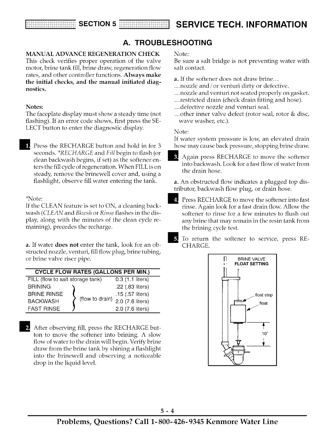 Kenmore 425 owner manual Cycle Flow Rates Gallons PER MIN, Brining, Backwash, Brine Rinse, Fast Rinse 