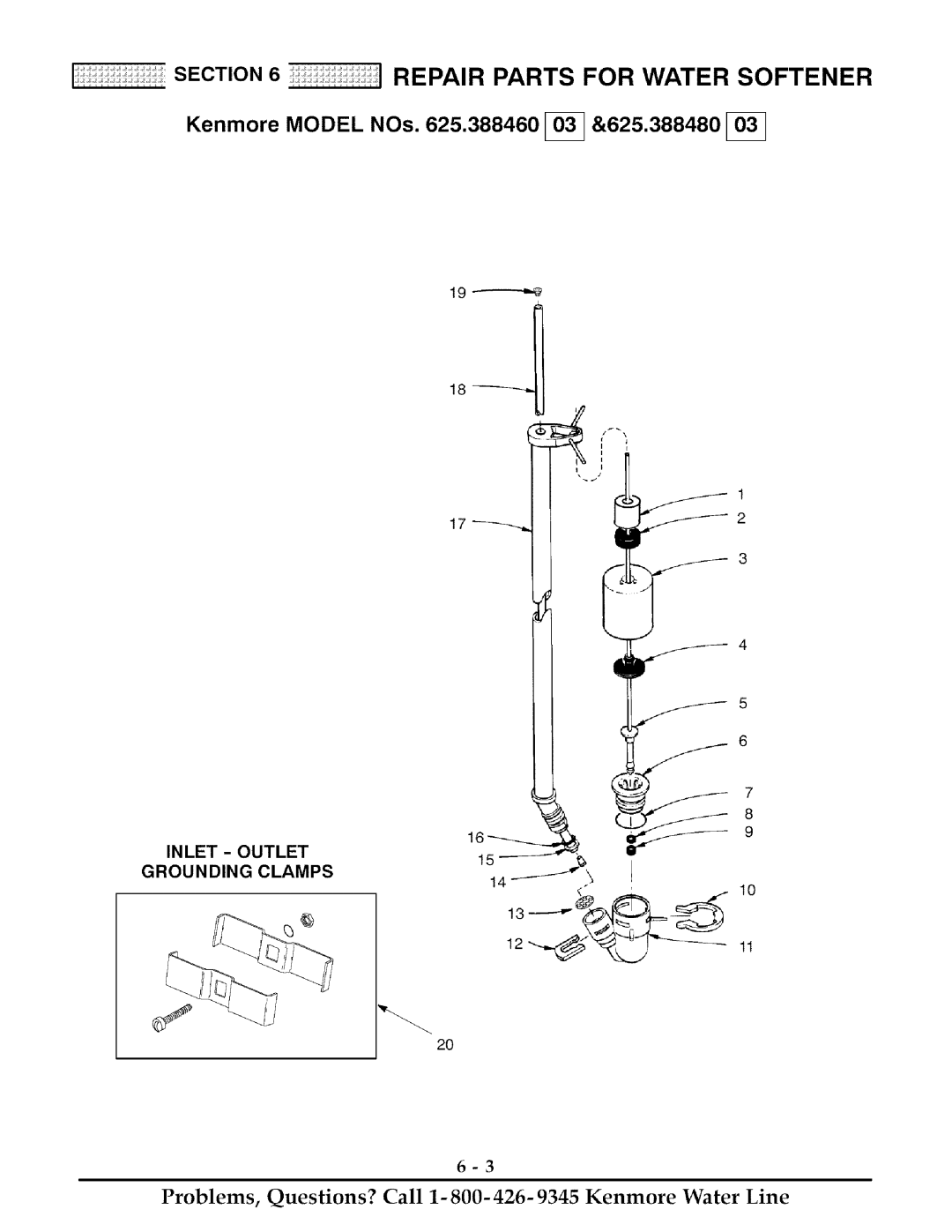 Kenmore 425 owner manual Kenmore Model NOs .388460 I &625.388480, Inlet Outlet Grounding Clamps 