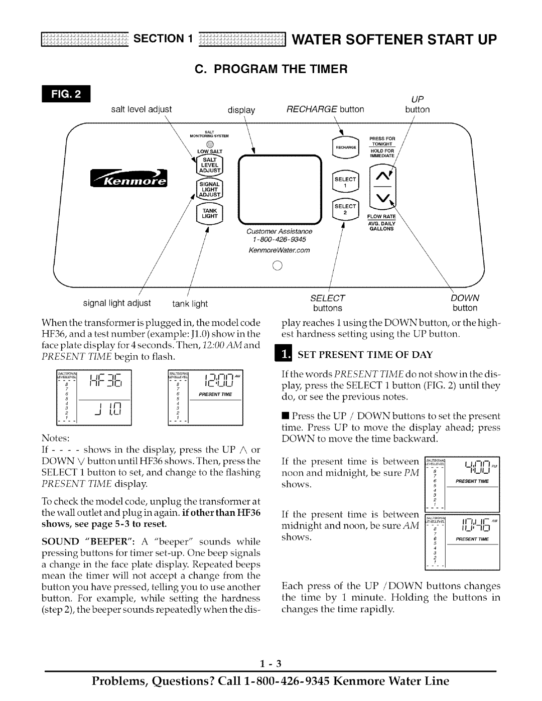 Kenmore 425 owner manual Program the Timer, SET Present Time of DAY, Down, Select 