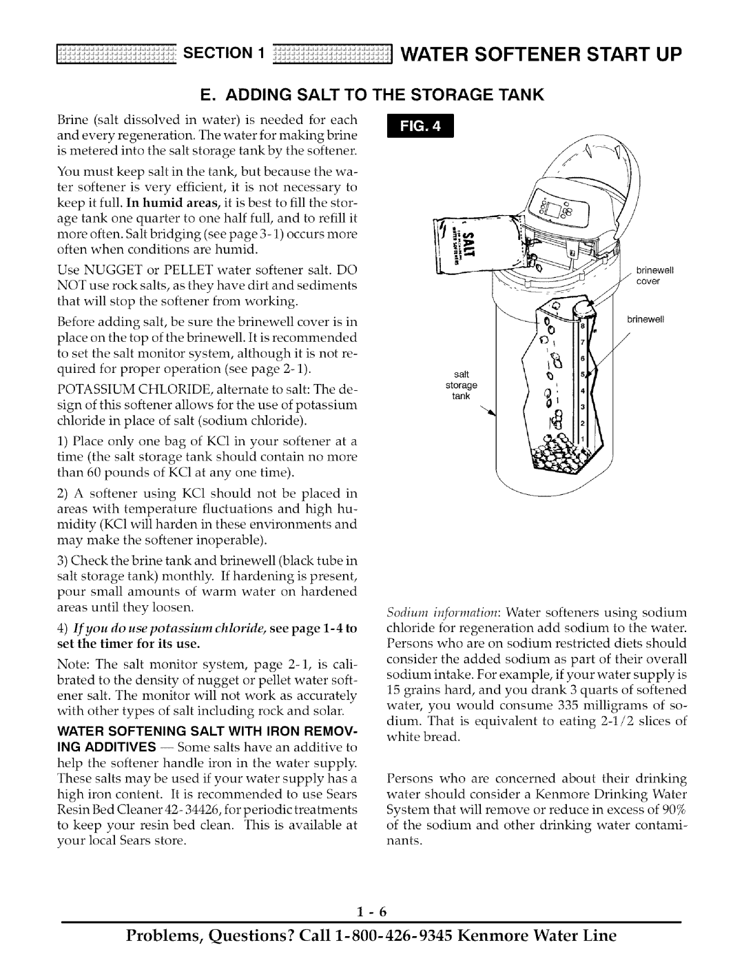 Kenmore 425 owner manual Adding Salt to the Storage Tank, Water Softening Salt with Iron Remov 