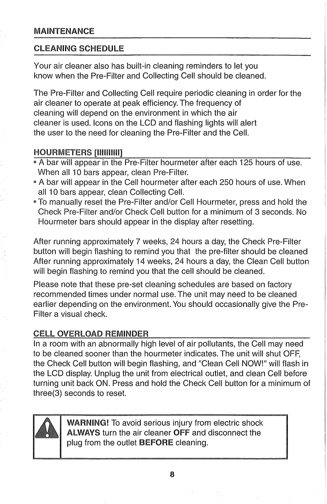 Kenmore 437.85264 manual Maintenance Cleaning Schedule, Cell Overload Reminder 