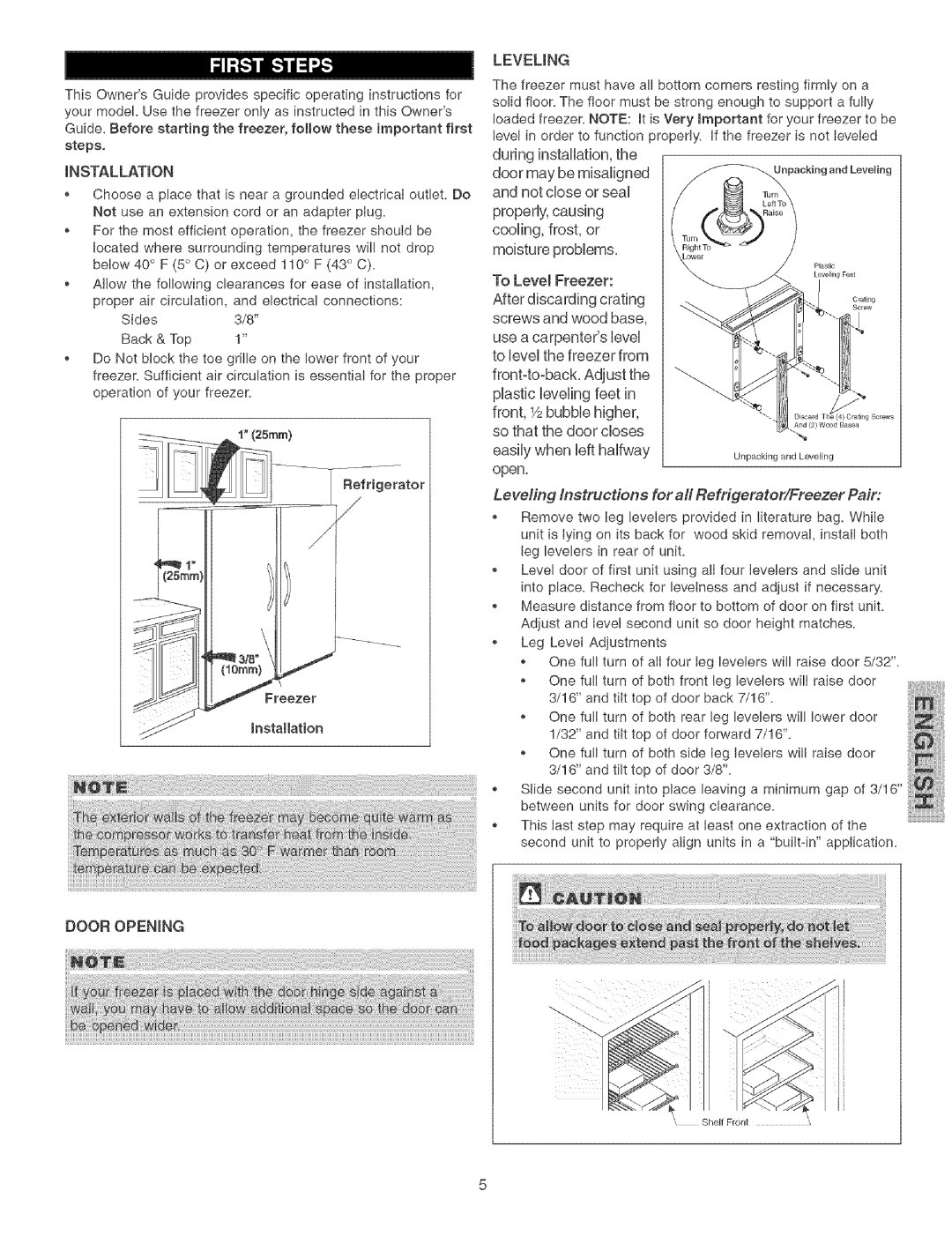 Kenmore 44733 manual Dooropening, Leve/ing Instructions for all Refrigerator/Freezer Pair 