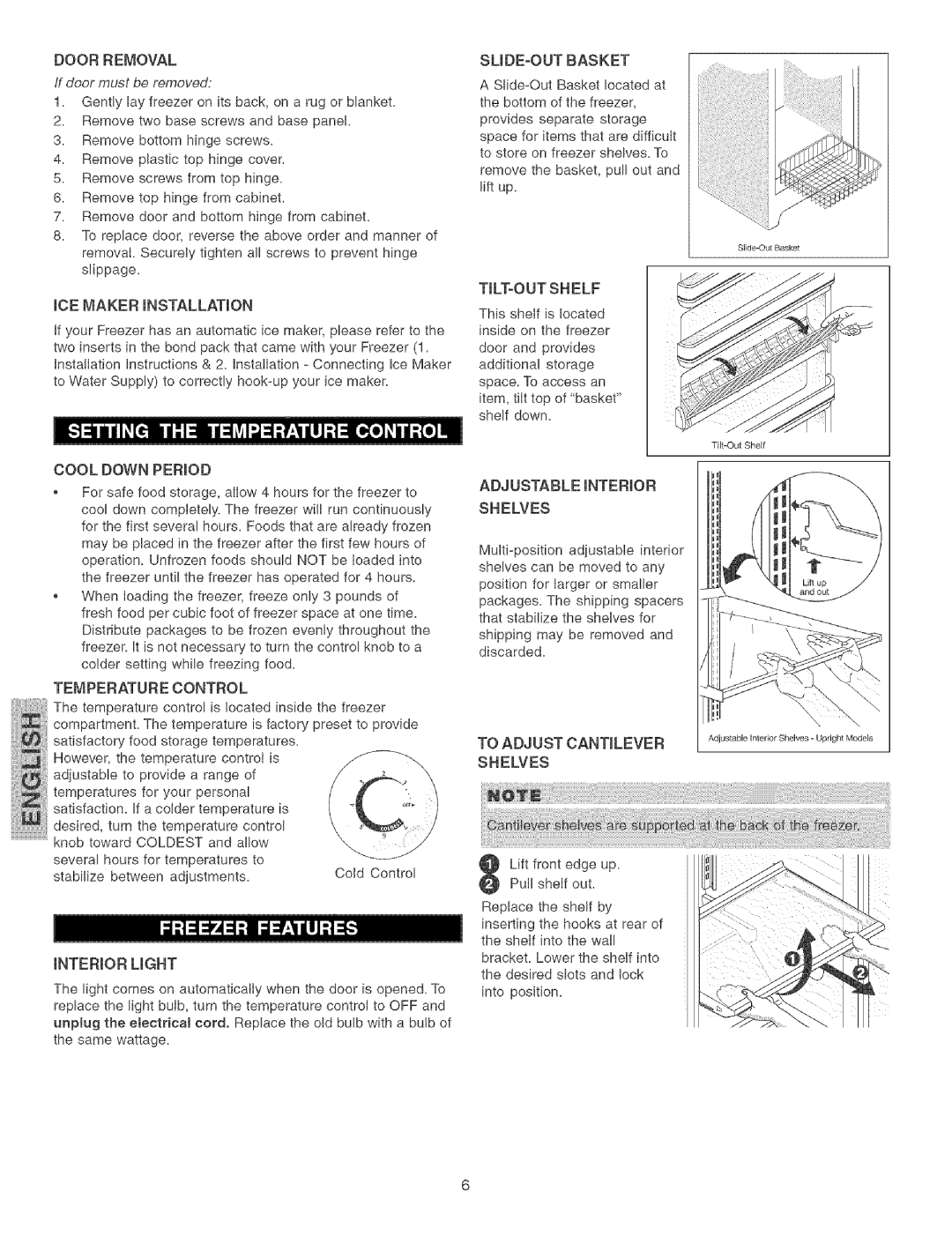 Kenmore 44733 manual Interior Light, TILT=OUT Shelf, Adjustable Interior Shelves, To Adjust Cantilever Shelves 