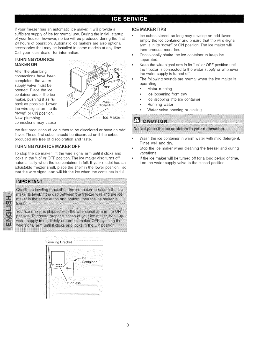 Kenmore 44733 manual Turningyour ICE Maker on, Turningyour ICE Maker OFF 