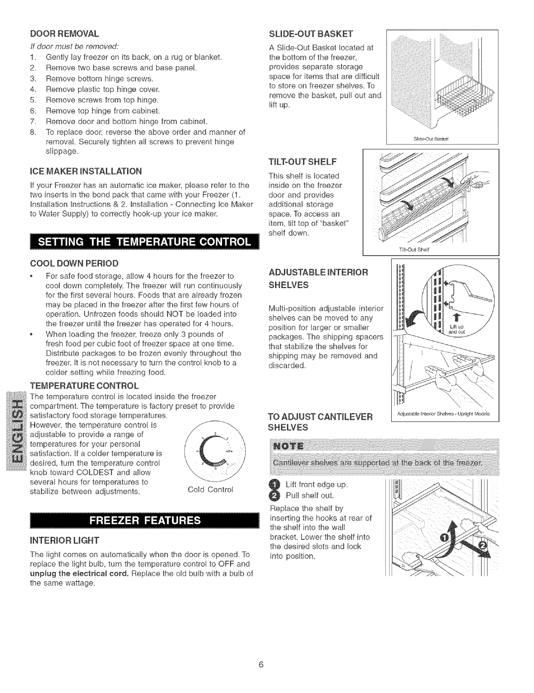 Kenmore 44733 manual iCE MAKER iNSTALLATiON, Interior Light, Tilt=Out Shelf, Adjustable Interior Shelves 