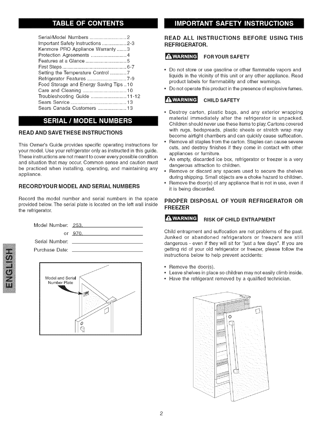 Kenmore 44823 manual Read and Saveth ESE Instructions, Recordyour Model and Serial Numbers, Refrigerator, For Your Safety 