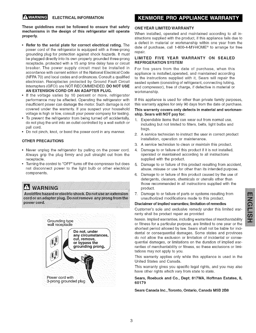 Kenmore 44823 manual AN Extension Cord or AN Adapter Plug, Other Precautions 