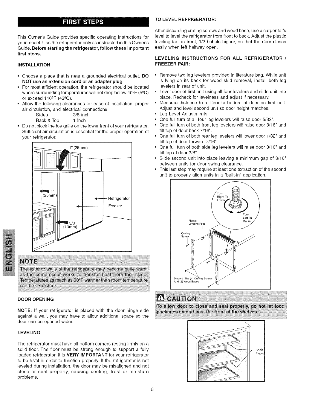 Kenmore 44823 To Level Refrigerator, Levemng iNSTRUCTIONS for ALL Refrigerator, Installation Freezer Pair, Door Opening 