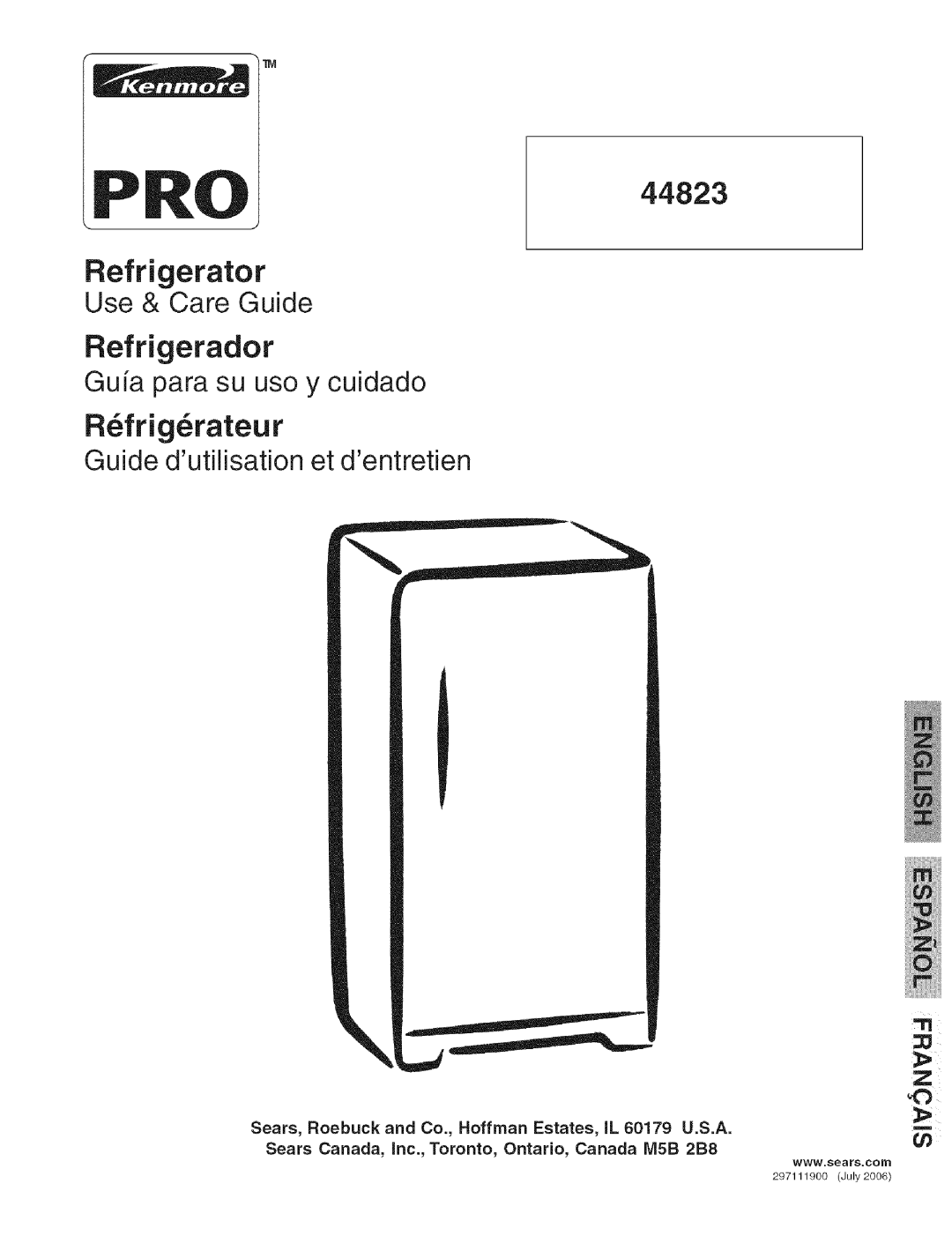 Kenmore 44823 manual Refrigerador, R frig rateur, Refrigerator Use & Care Guide, Guia para su uso y cuidado 