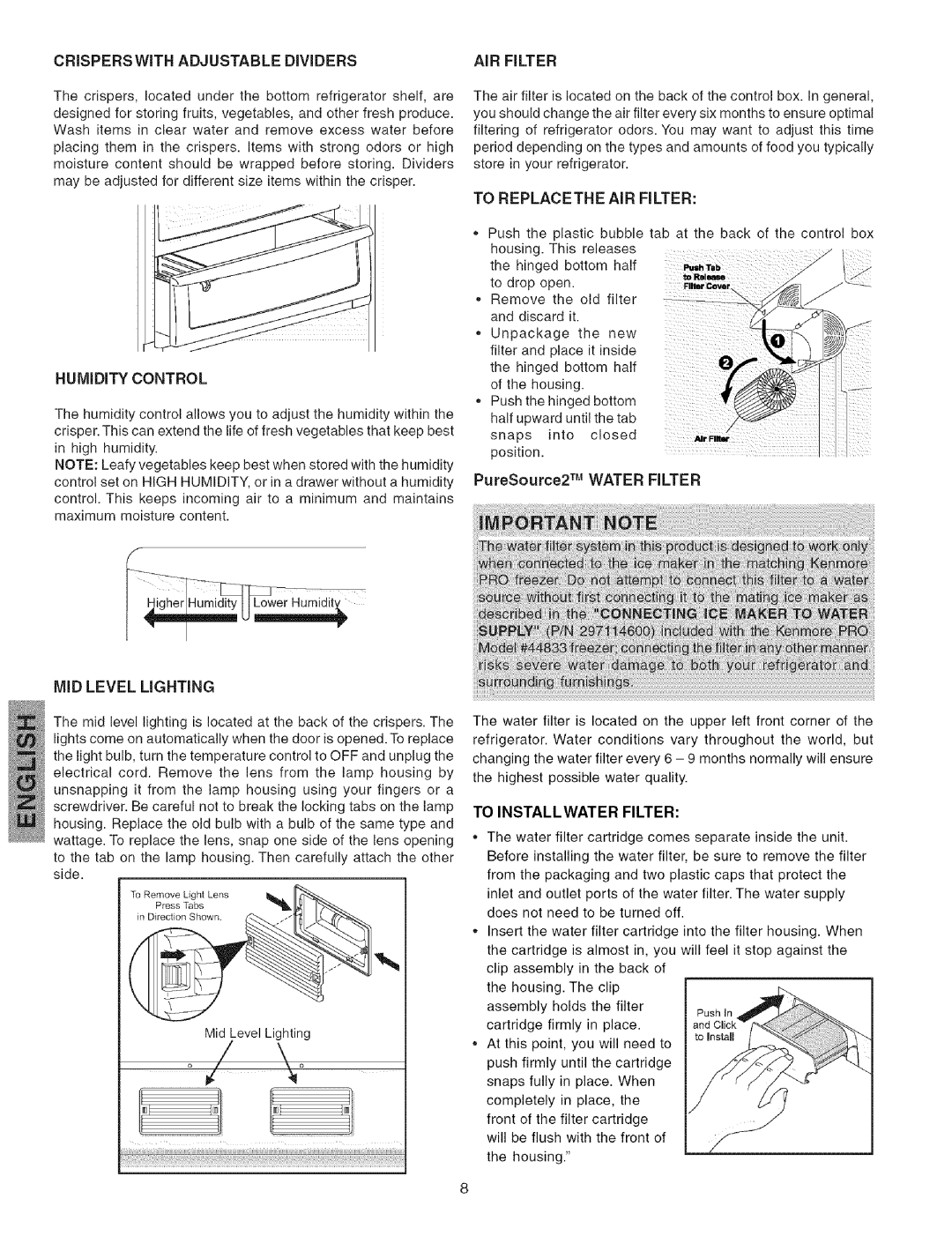Kenmore 44823 manual TO REPLACETHE AiR FILTER, PureSource2 TM WATER FILTER, MiD LEVEL LiGHTiNG, To Installwater Filter 