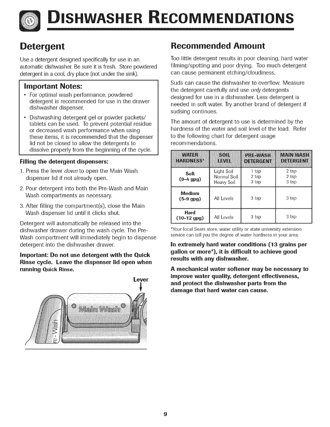 Kenmore 465.1332, 465.1333, 465.1334 manual Detergent, Recommended Amount, Filling the detergent dispensers 