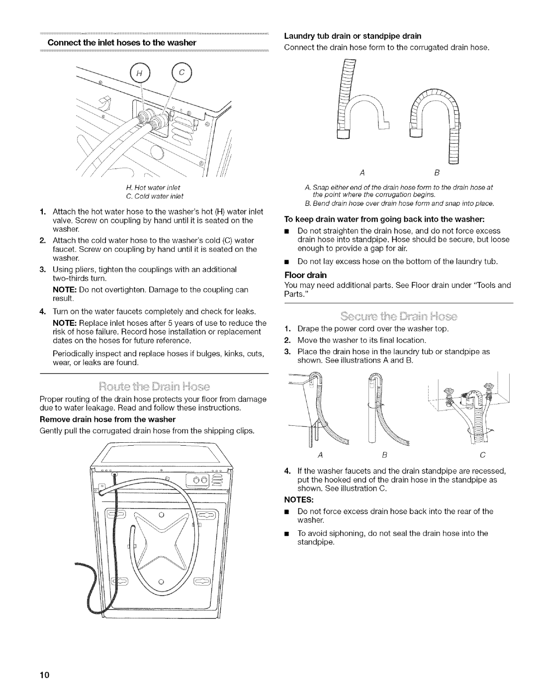 Kenmore 4753 manual Connect the inlet hoses to the washer, Laundry tub drain or standpipe drain, Floor drain 