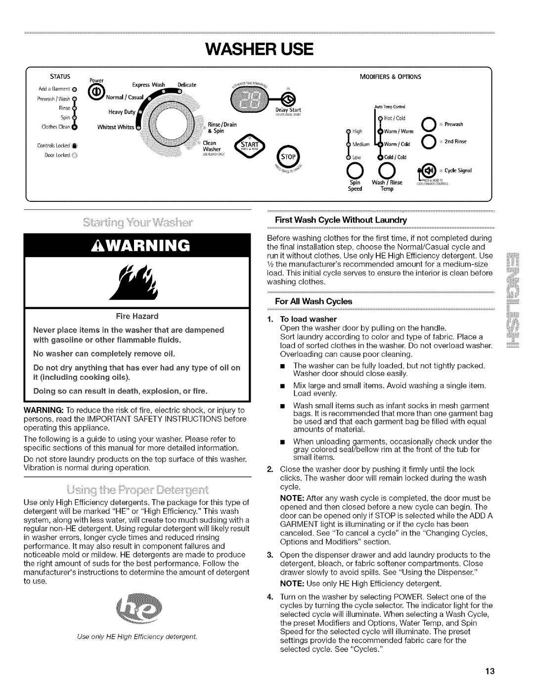 Kenmore 4753 manual Washer USE, For All Wash Cycles 