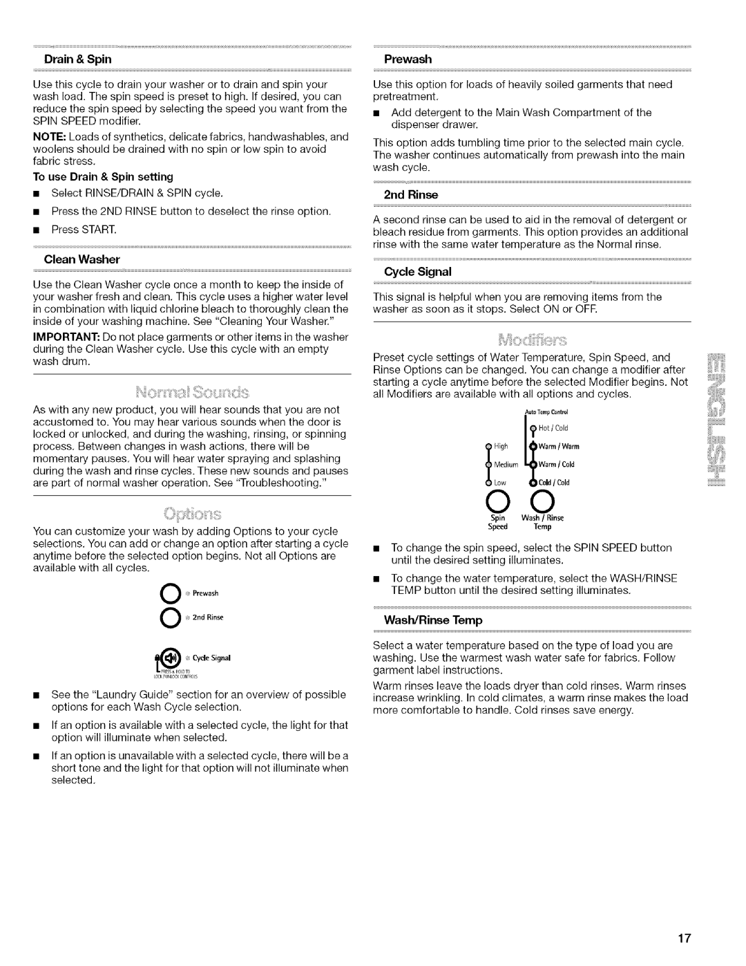 Kenmore 4753 manual To use Drain & Spin setting, Clean Washer, Prewash, 2rid Rinse, Cycle Signal, Wash/Rinse Temp 