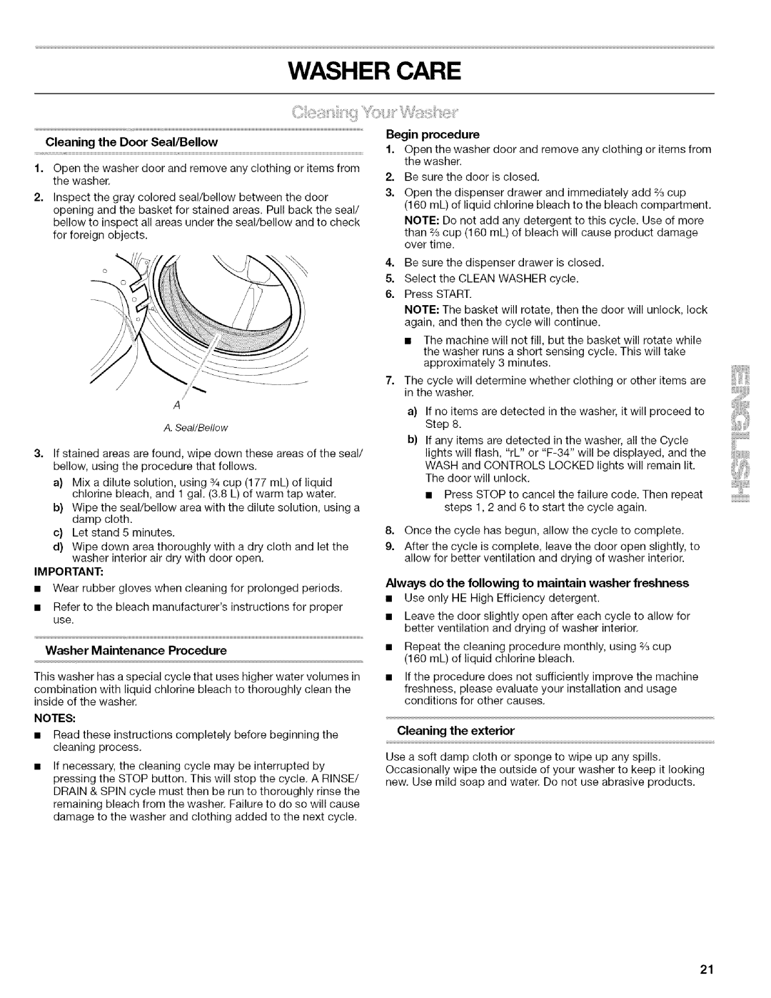 Kenmore 4753 manual Washer Care, Cleaning the exterior 