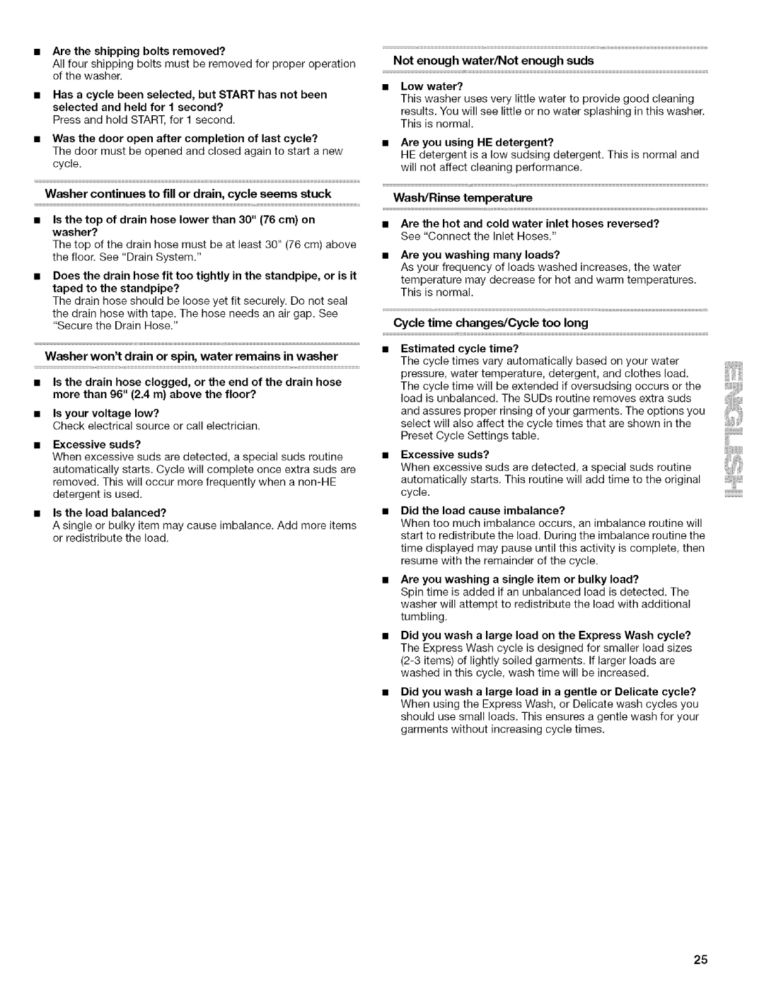 Kenmore 4753 manual Are the shipping bolts removed?, Not enough, Suds, Has a cycle been selected, but Start has not been 