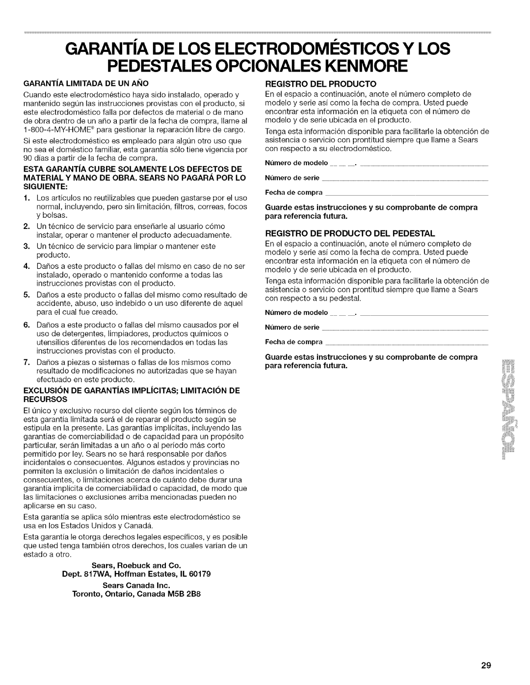 Kenmore 4753 Garantia Limitada DE UN Aiio, Exclusion DE Garantias Implicitas Limitacion DE Recursos, Registro DEL Producto 