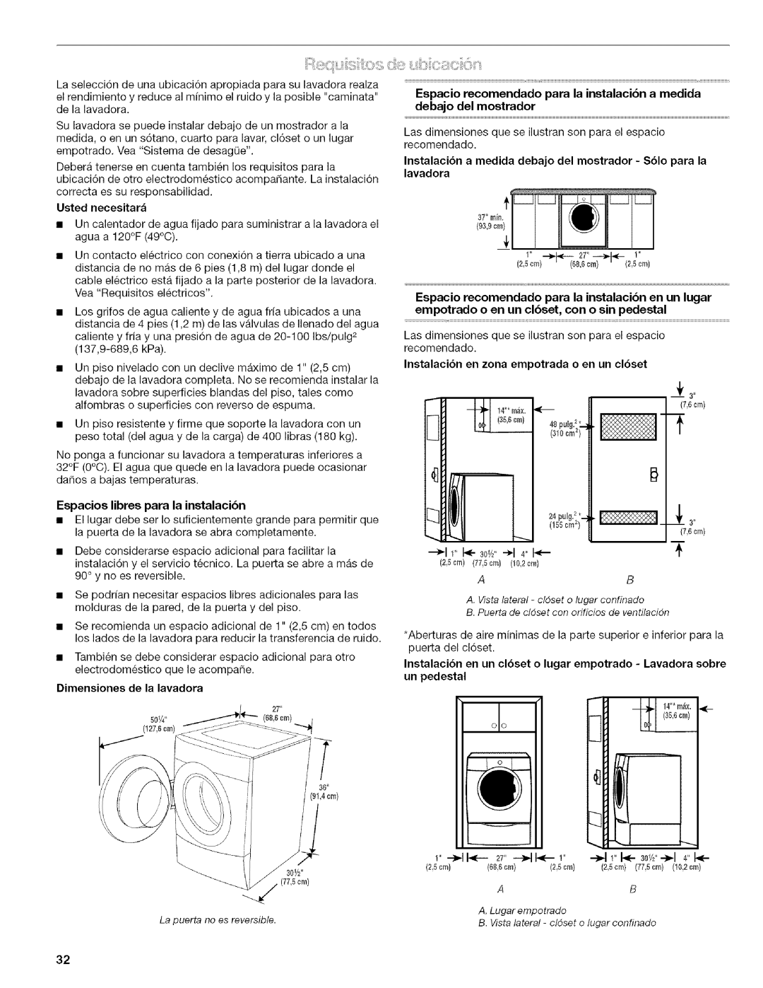 Kenmore 4753 manual Usted necesitar, Espacios libres para la instalacibn, Dimensiones de la lavadora 