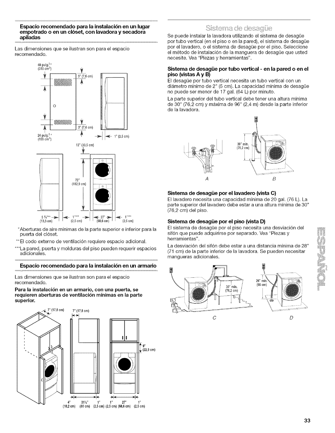 Kenmore 4753 Espacio recomendado para la instalacibn en un armario, Para la instalaci6n en un armario, con una puerta, se 