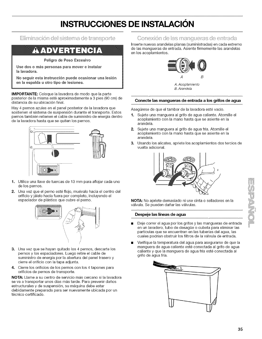 Kenmore 4753 manual Conecte las mangueras de entrada a los grifos de agua, Despeje las lineas de agua 