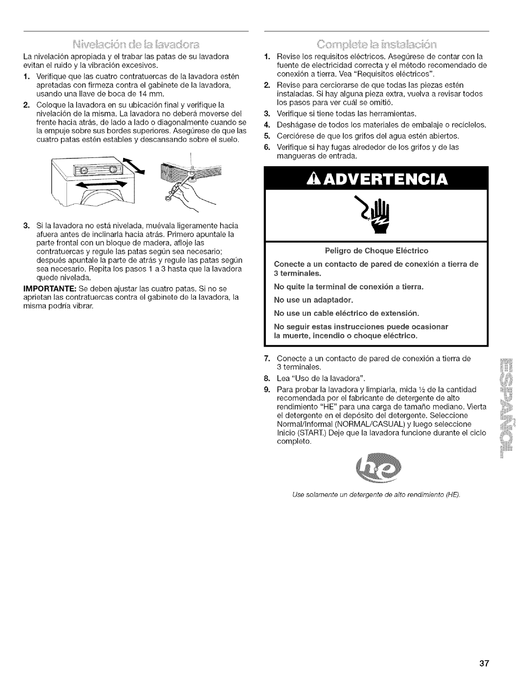 Kenmore 4753 manual Use solamente un detergente de alto rendimiento HE 