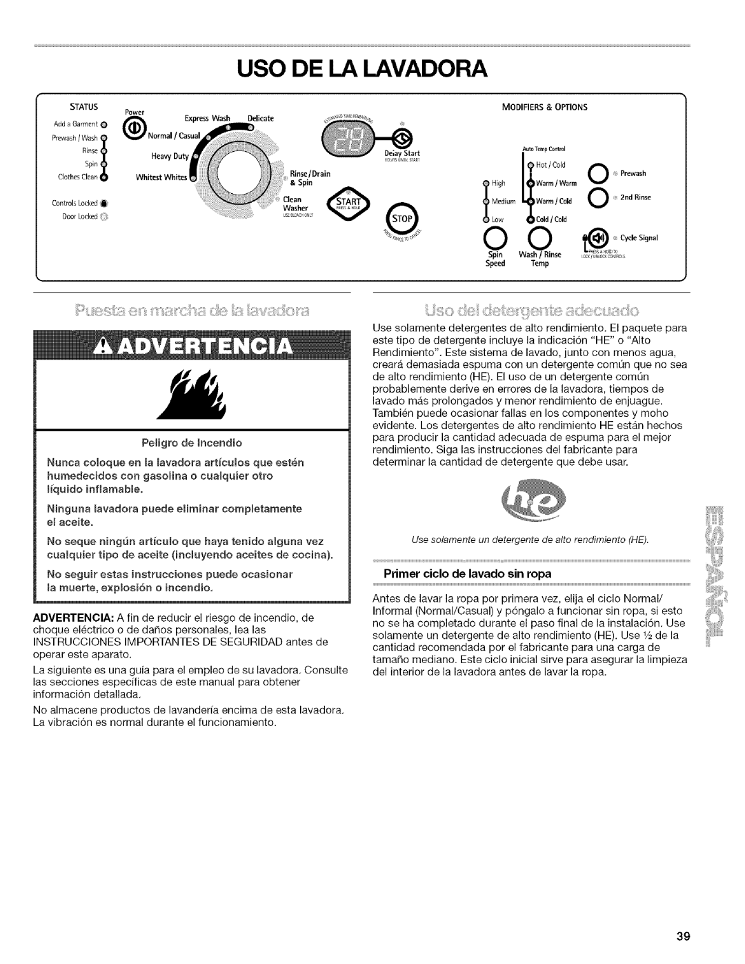 Kenmore 4753 manual USO DE LA Lavadora, Primer ciclo de lavado sin ropa 