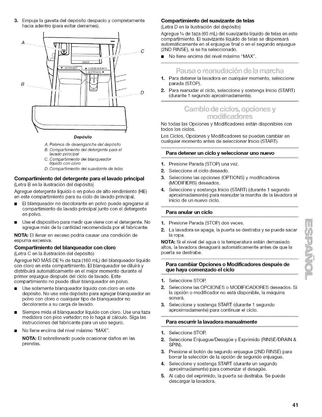 Kenmore 4753 manual Compartimiento del suavizante de telas, Compartimiento del detergente para el lavado principal 