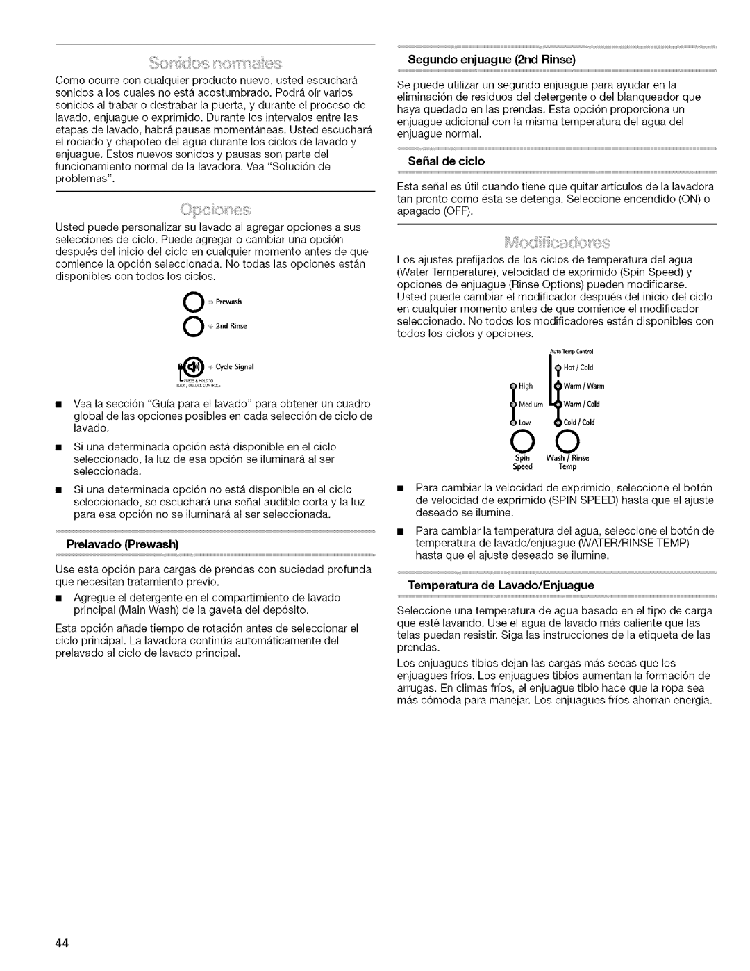 Kenmore 4753 manual Prelavado Prewash, Segundo enjuague 2nd Rinse, Sehal de ciclo, Temperatura de Lavado/Enjuague 