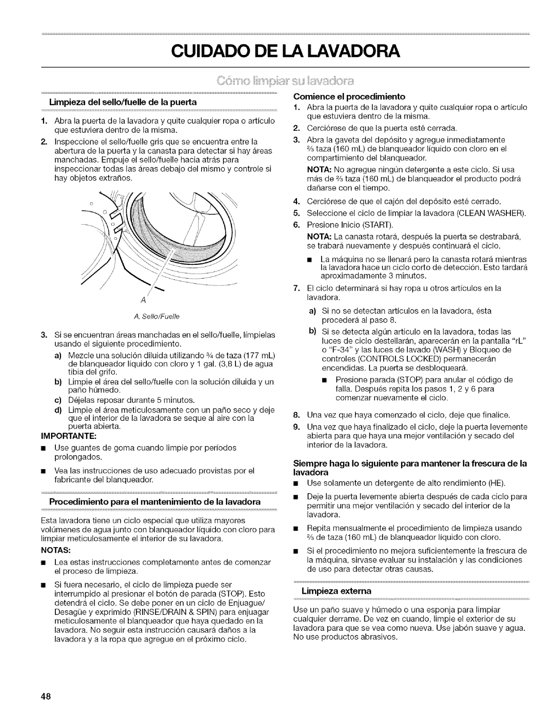 Kenmore 4753 manual Limpieza del sello/fuelle de la puerta, Importante, Procedimiento para el mantenimiento de la lavadora 