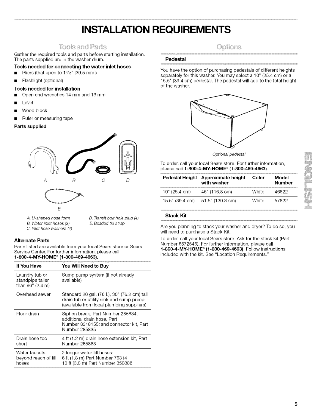 Kenmore 4753 Tools needed for connecting the water inlet hoses, Parts supplied, Alternate Parts, Pedestal, Color Model 