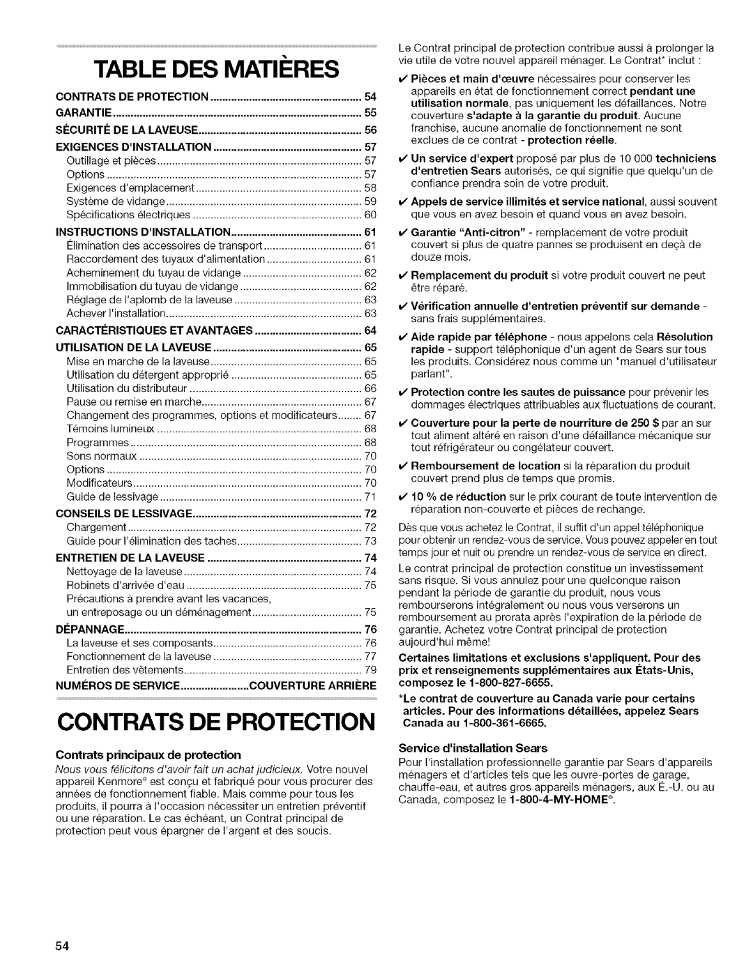 Kenmore 4753 manual Table DES Matii RES, Contrats DE Protection 