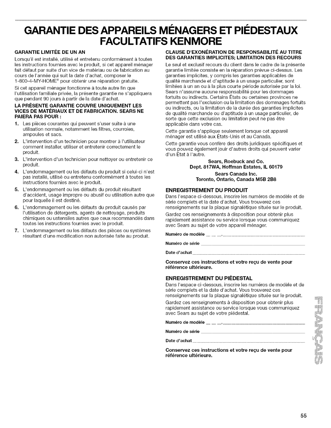 Kenmore 4753 manual Garantie DES Appareils MI!NAGERSET PII!DESTAUX, Garantie Limitie DE UN AN, Enregistrement DU Produit 