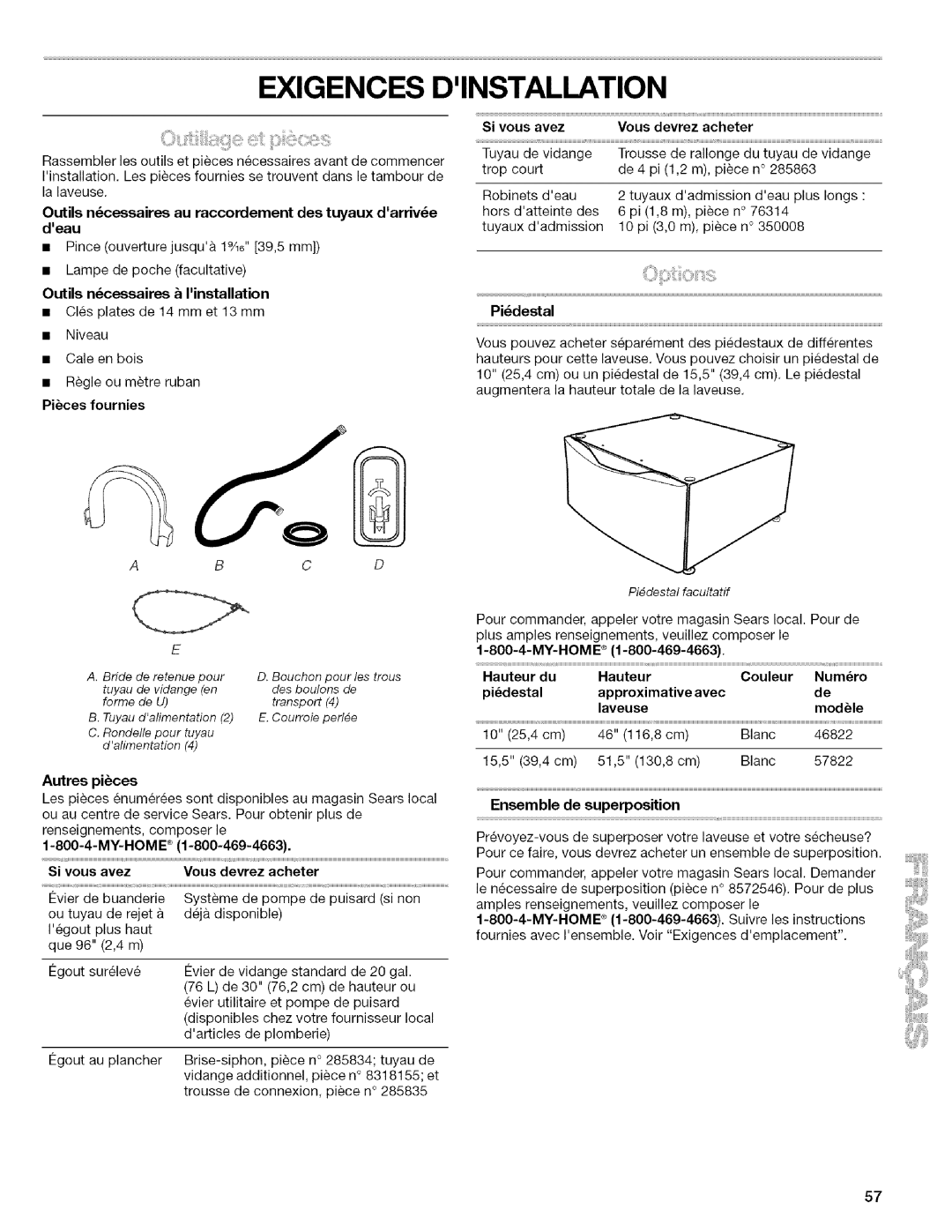 Kenmore 4753 Outils ncessaires au raccordement des tuyaux darrive deau, Pices fournies, Autres pices, MY-HOME Si vous avez 