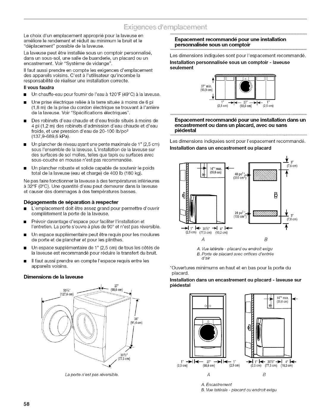 Kenmore 4753 Dimensions de la laveuse, Dgagements de sparation respecter, Installation dans un encastrement ou placard 