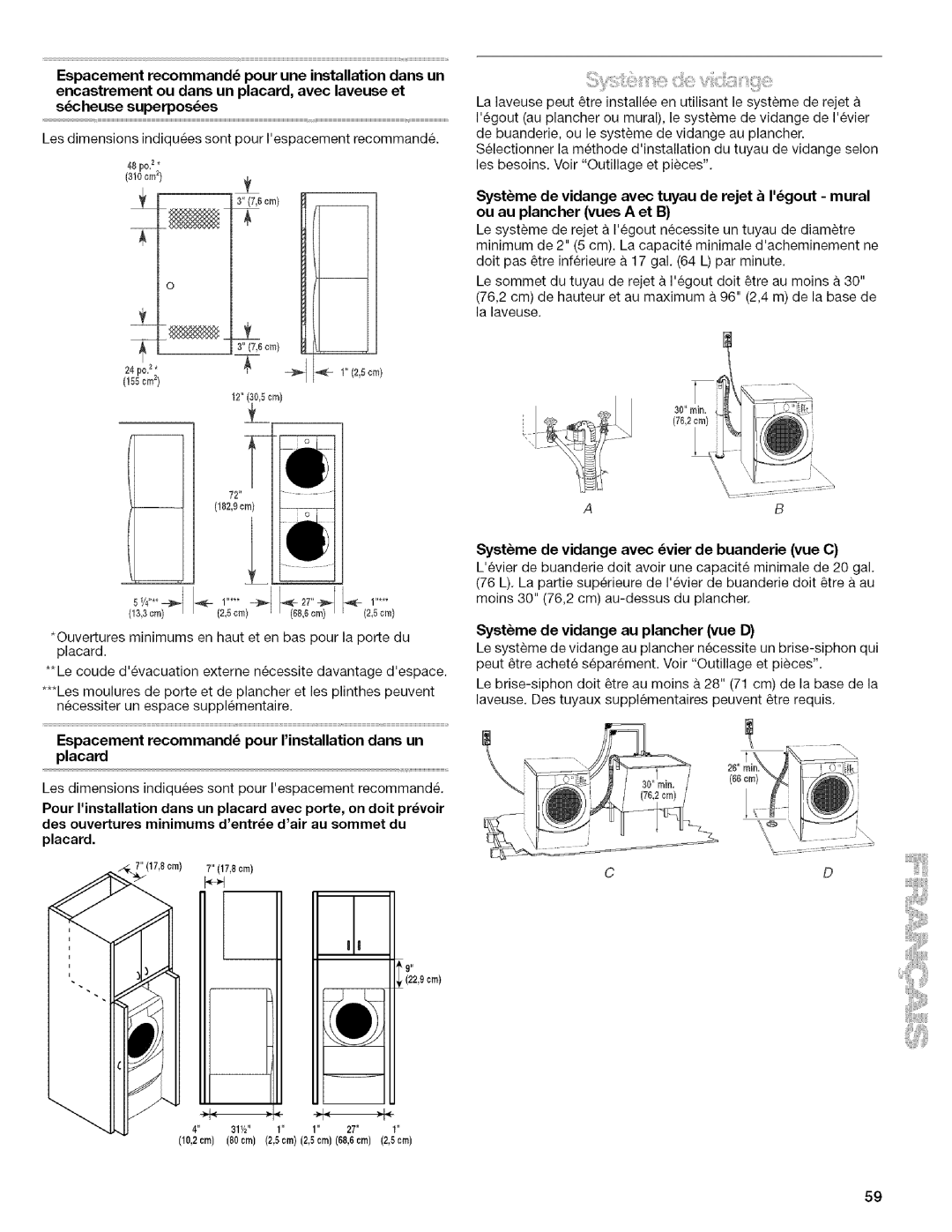 Kenmore 4753 manual Espacement recommand pour rinstallation dans un placard 