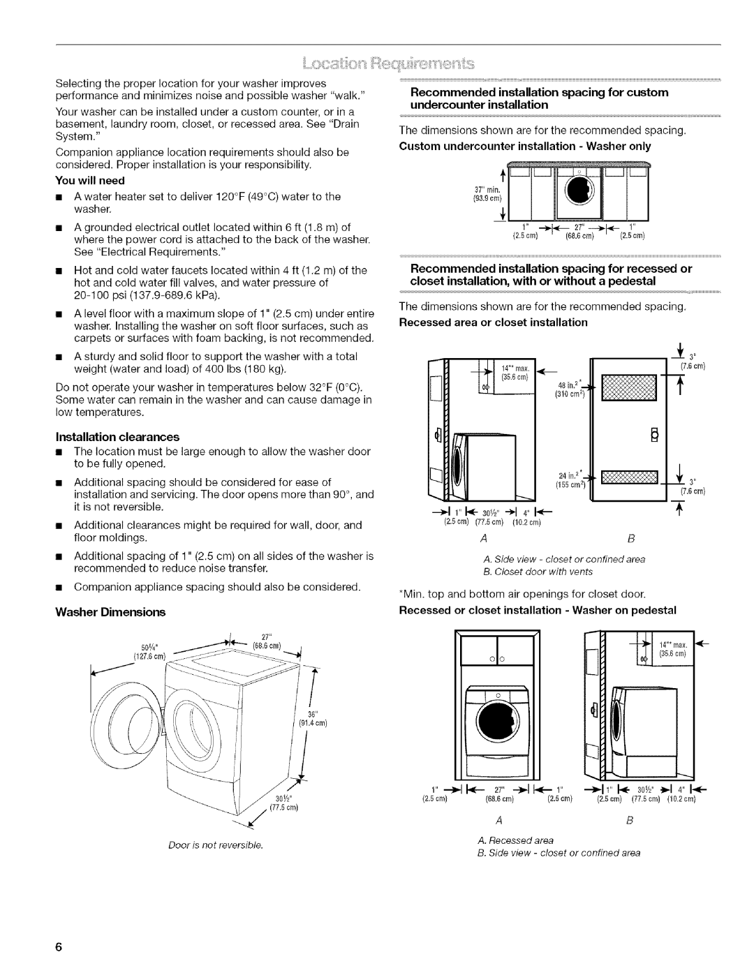 Kenmore 4753 manual Washer Dimensions 