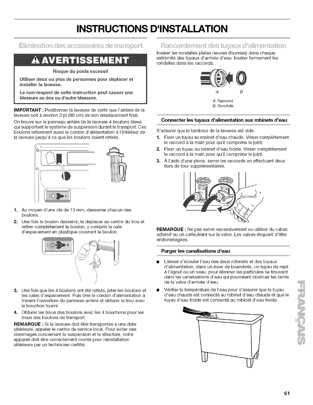 Kenmore 4753 manual Instructions Dinstallation, Connecter les tuyaux dalimentation aux robinets deau 