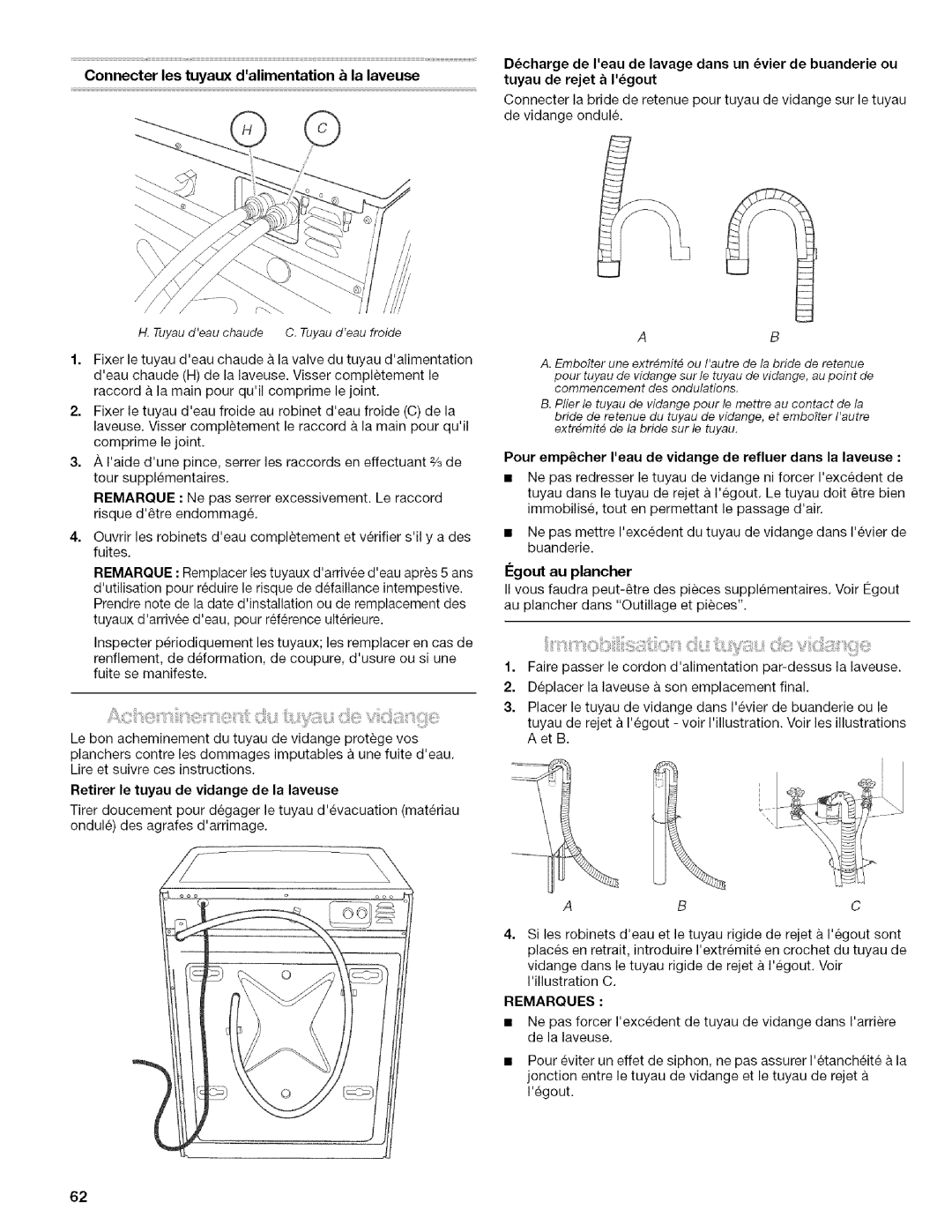 Kenmore 4753 Connecter les tuyaux dalimentation la laveuse, Retirer le tuyau de vidange de la laveuse, Legout au plancher 