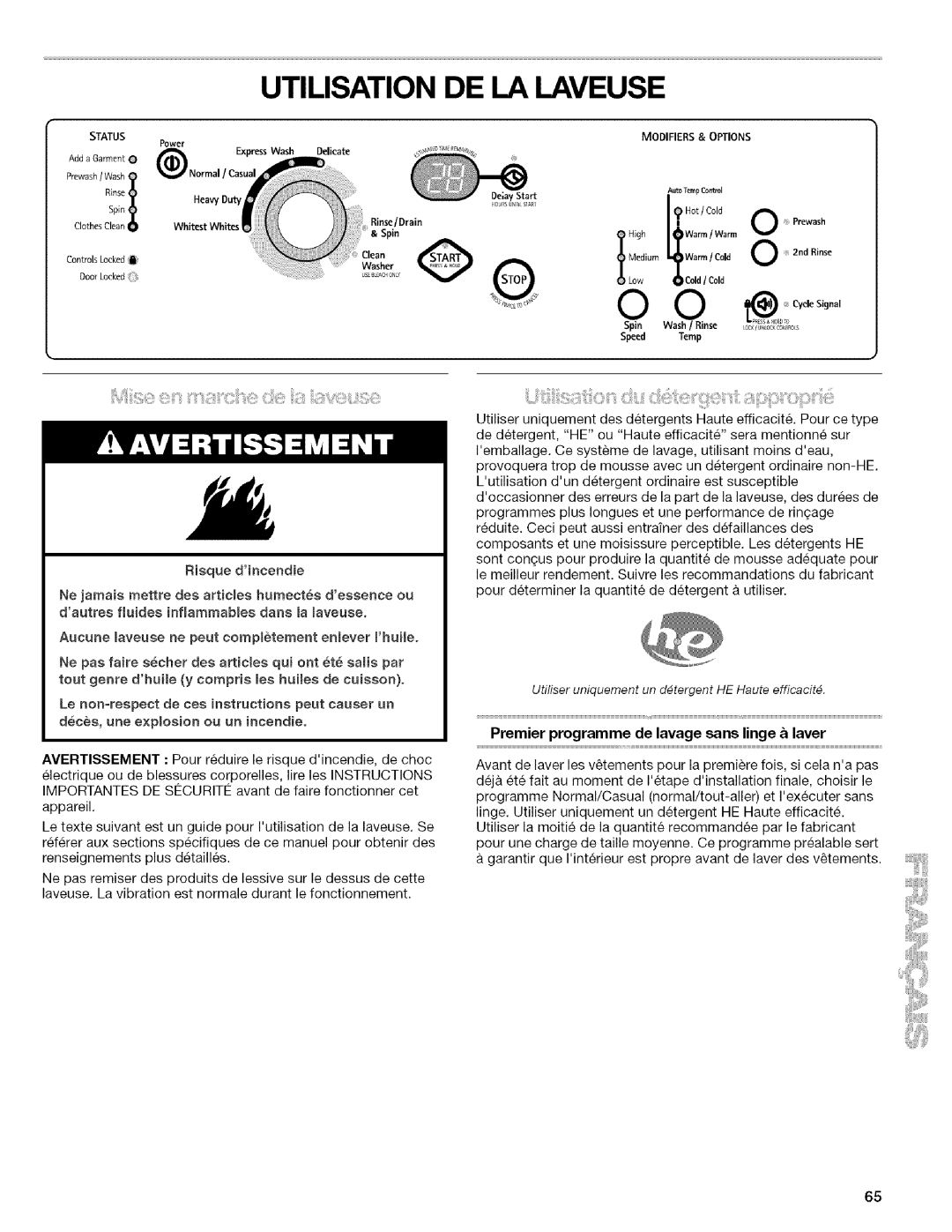 Kenmore 4753 manual Utilisation DE LA Laveuse, Premier programme de lavage sans linge laver 