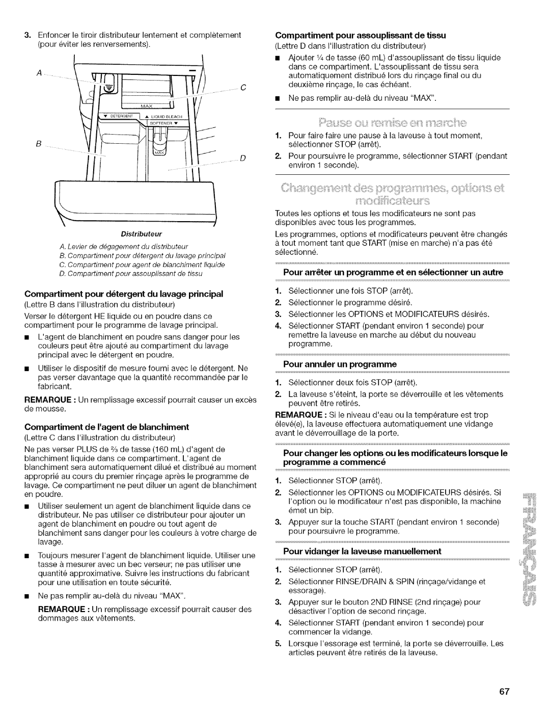 Kenmore 4753 manual Compartiment pour assouplissant de tissu, Pour arrter un programme et en slectionner un autre 