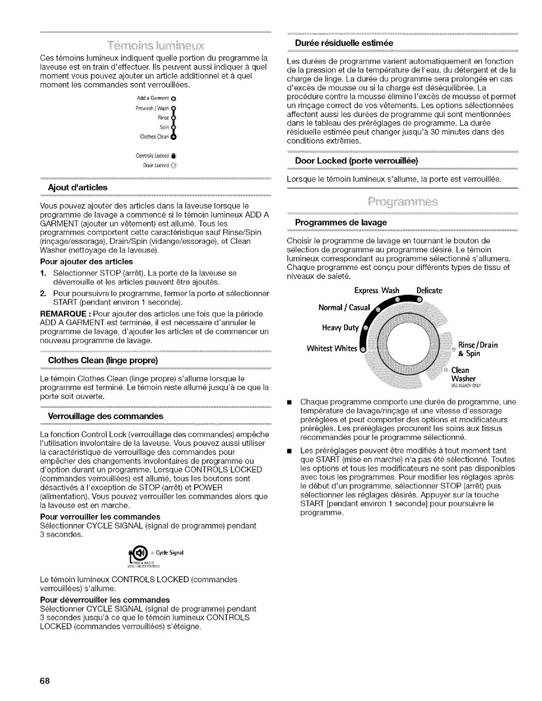 Kenmore 4753 manual Ajout darticles, Pour ajouter des articles, Clothes Clean linge propre, Verrouillage des commandes 