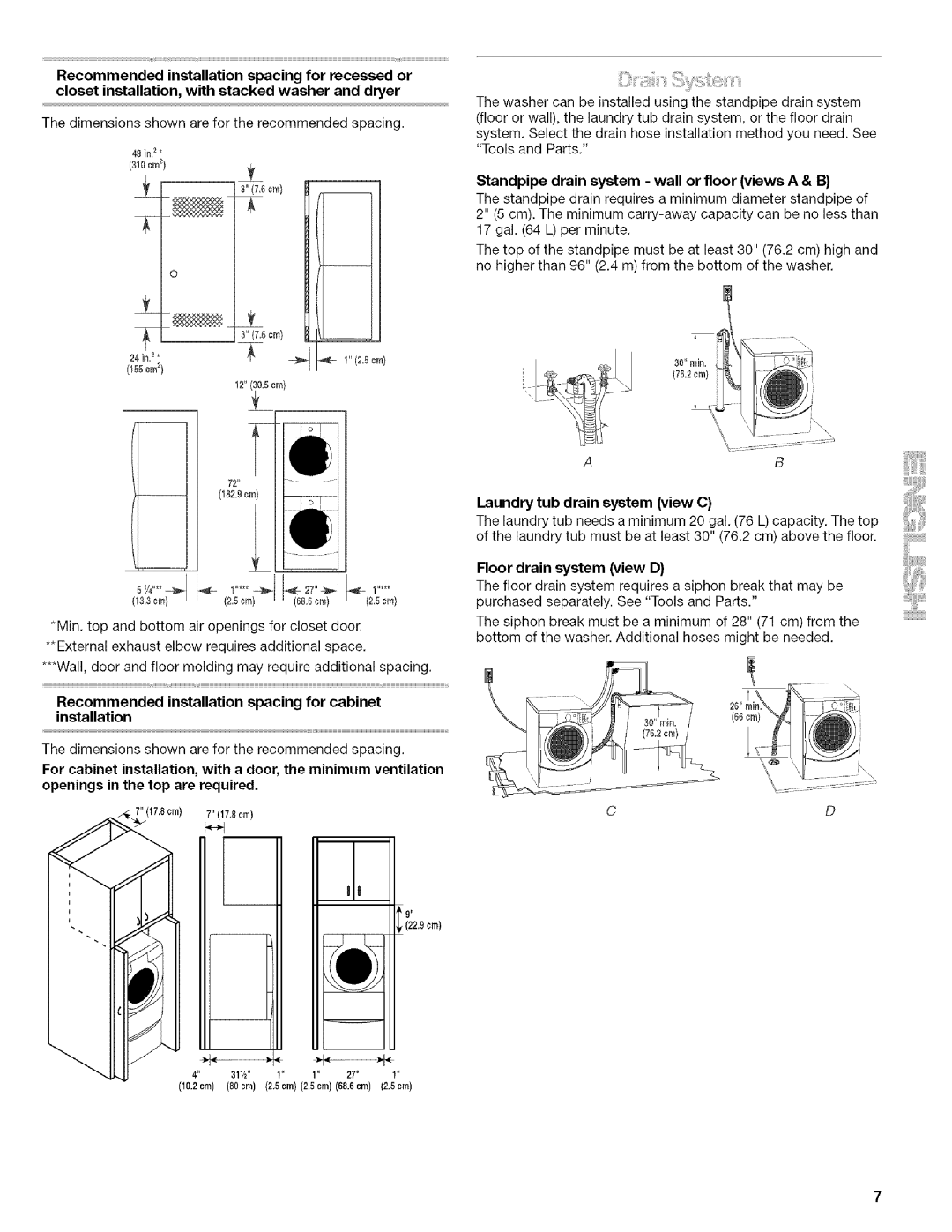 Kenmore 4753 Recommended installation spacing for cabinet installation, Standpipe drain system wall or floor views a & B 