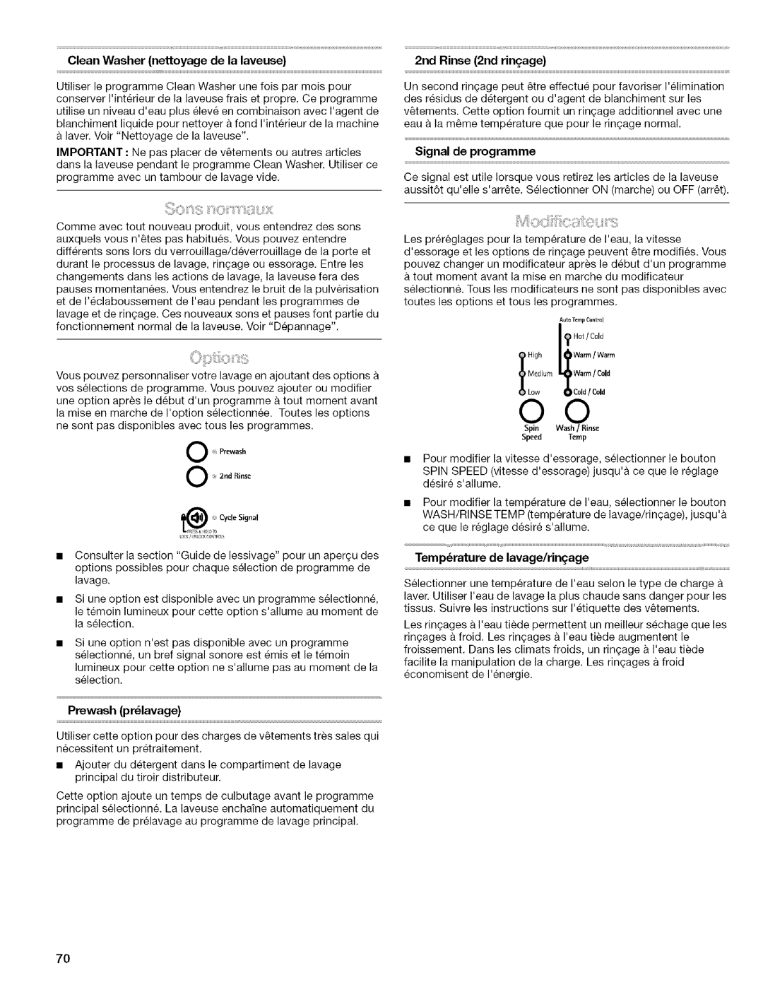 Kenmore 4753 manual Clean Washer nettoyage de la laveuse, Prewash prlavage, 2nd Rinse 2nd rinage, Signal de programme 