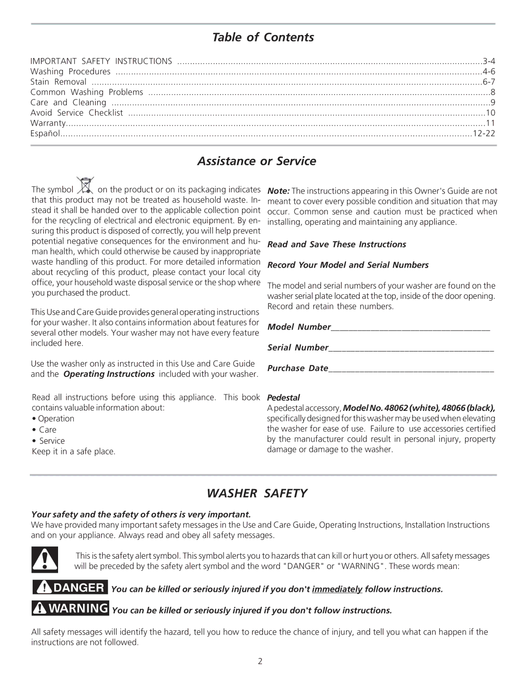 Kenmore 48102 manual Table of Contents, Assistance or Service 