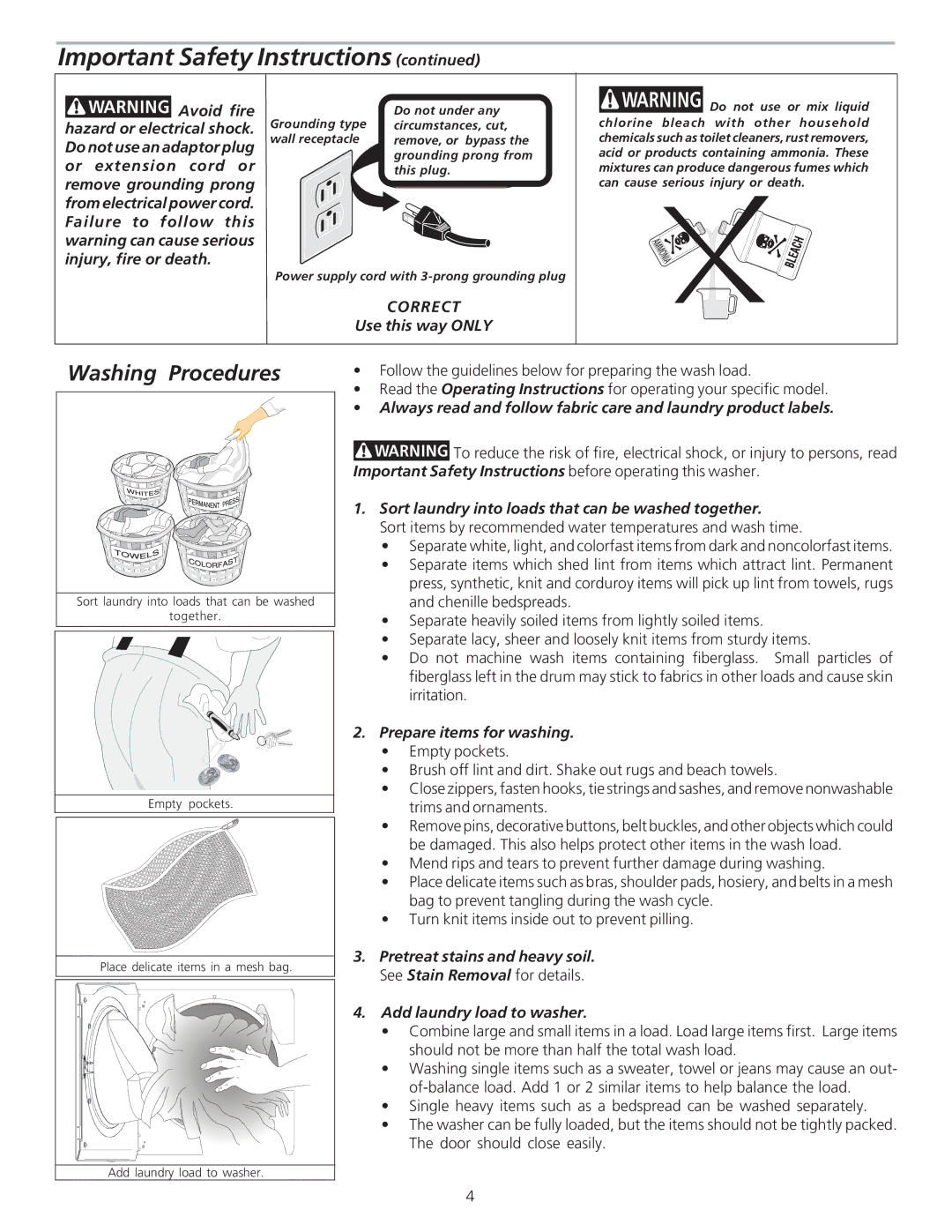 Kenmore 48102 manual Important Safety Instructions, Washing Procedures, Correct 