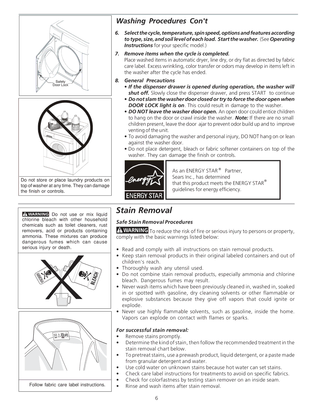 Kenmore 48102 manual Safe Stain Removal Procedures, For successful stain removal 