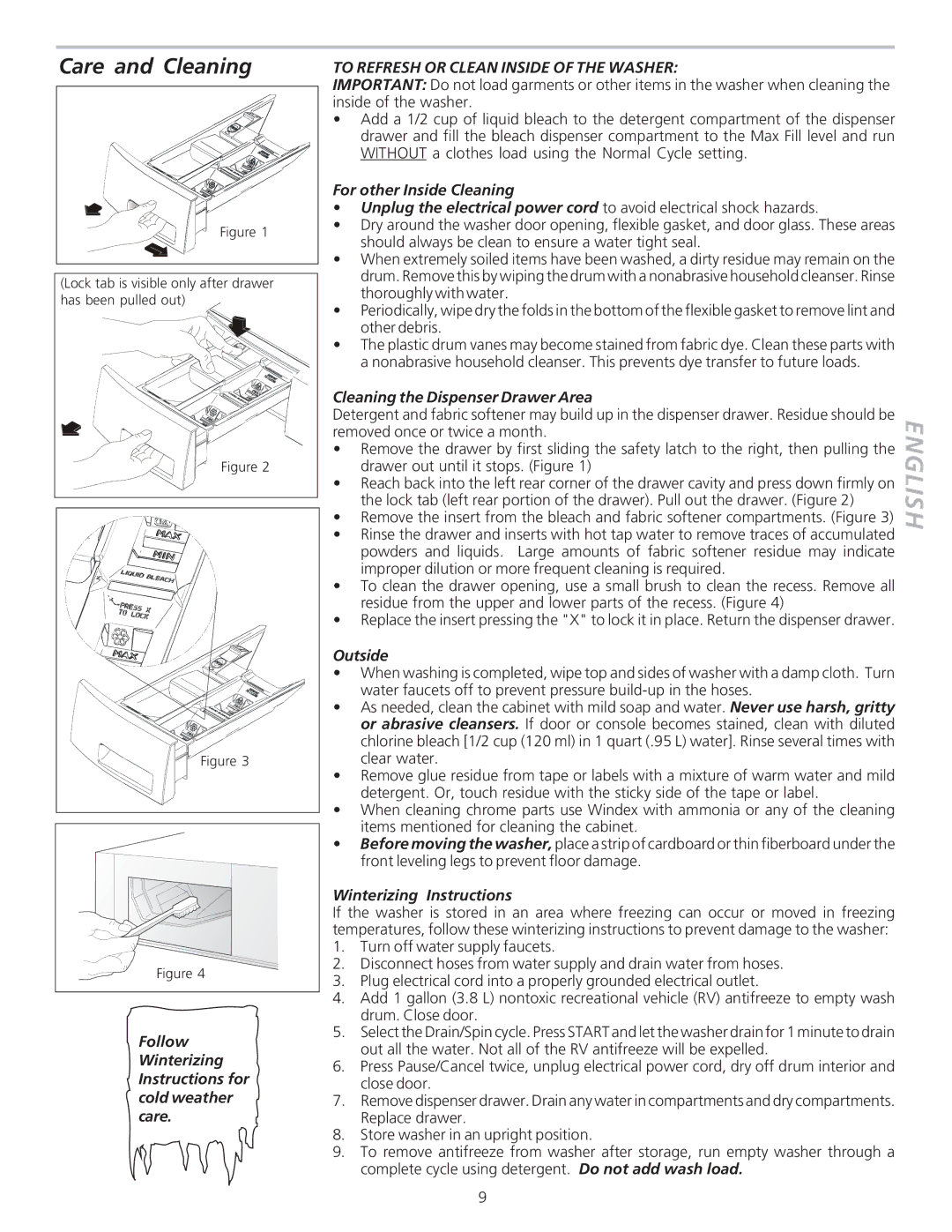 Kenmore 48102 manual Care and Cleaning, To Refresh or Clean Inside of the Washer 