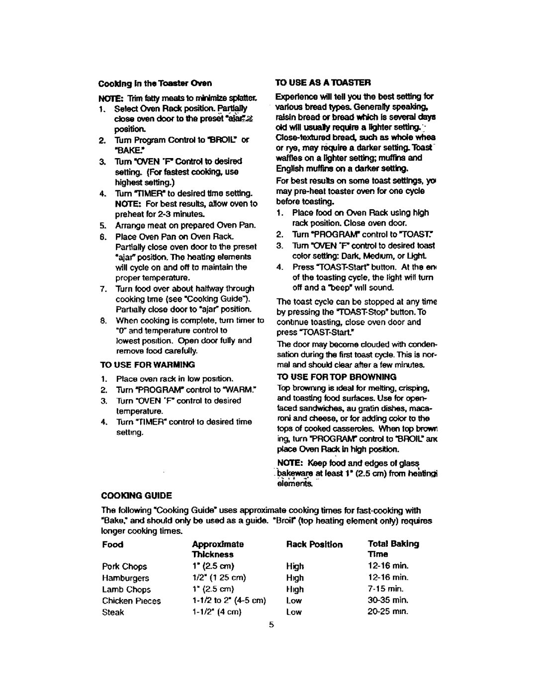 Kenmore 48449 owner manual To USE for Warming, Cooking Guide To USE AS a Toaster, To USE Fortop Browning 