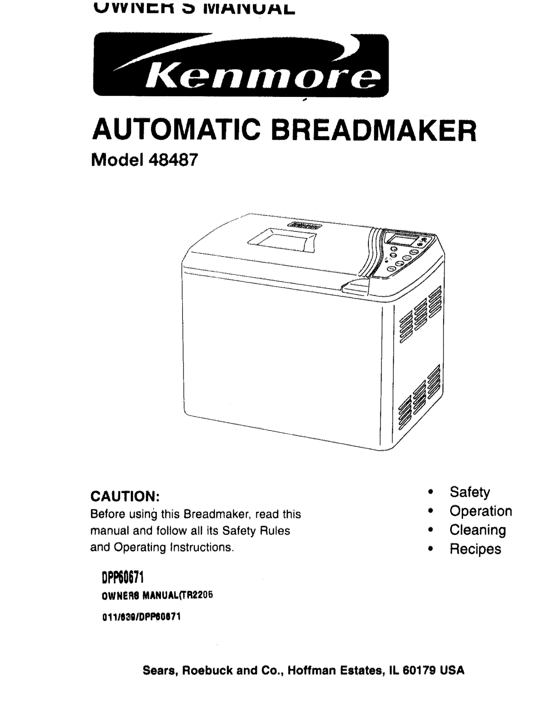 Kenmore 48487 manual Automatic Breadmaker, OWNERBMANUAL.TR2205 